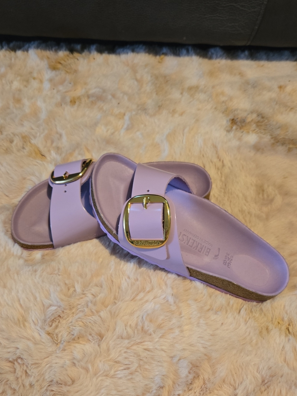 Birkenstock Lilac Slide Sandals with Gold Buckle - Women